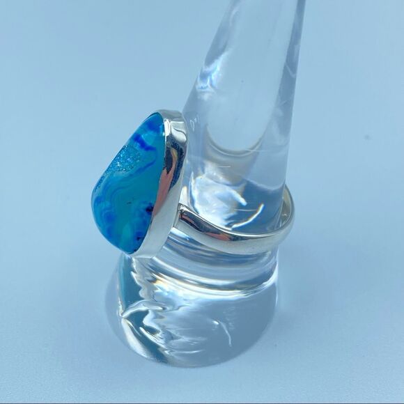 Marine Blue Aura Druzy Sterling Silver Ring Jewelry Size 9 - Picture 3 of 8